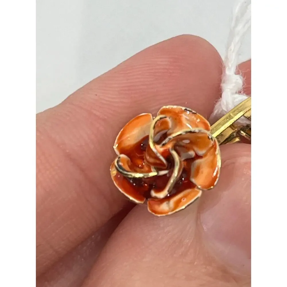 Vintage Nathen Orange Enamel Rose Clip-On Earrings Gold Tone Floral 1960s